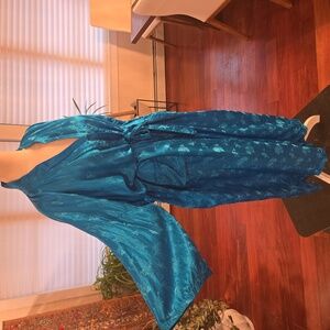 VTG Esme Silk Embroidered Green Blue Kimono Maxi Robe Womens Large